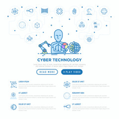 Cyber technology concept: Ai creates 3D. Thin line icons: virtual reality glasses, bionics, robotics, global network, computer game, microprocessor, nano robots. Vector illustration, web page template