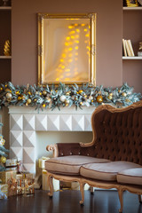 Christmas background. Luxury interior room with fireplace decorated in xmas style. No people. New year tree and gifts