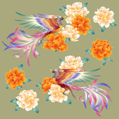 鳳凰と牡丹のイラスト © daicokuebisu