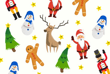 A collection of happy Christmas characters smiling and waving. Vector illustration pattern.