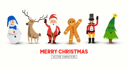 A set of happy christmas characters including Santa and a snowman. Vector illustration.