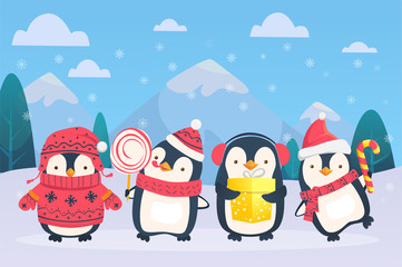christmas penguins on snowy background