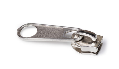 A metal slider zipper isolated on a white background