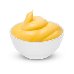 One Bowl with tasty cheese sauce on white background