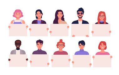 Collection of smiling young men and women holding clean placards. Bundle of joyful male and female cartoon characters demonstrating empty banners. Colorful vector illustration in flat style.