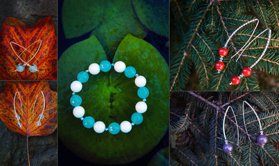 silver earrings agate stone coral sponge bracelet  autumn garden leafs fir tree 