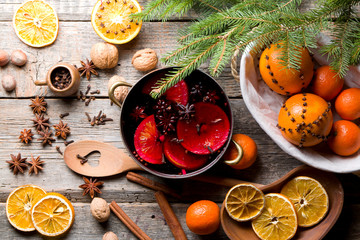 The process of preparing mulled wine. Traditional Christmas drink.