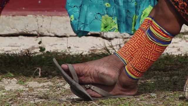 Mola anklets worn by an indigenous Guna woman in the San Blas Islands 