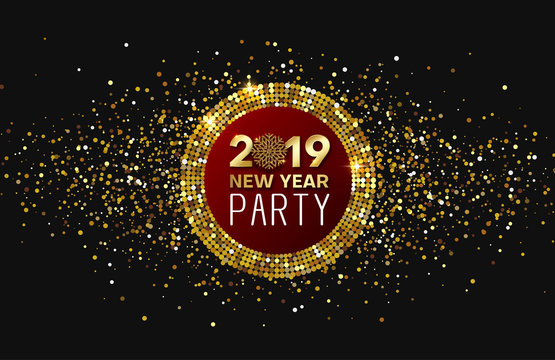 New Year 2019 party. Shiny poster or invitation card with golden confetti.
