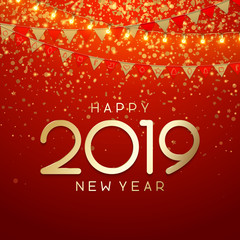 Red Happy New Year 2019 card with paper flags, decorative lights and confetti.