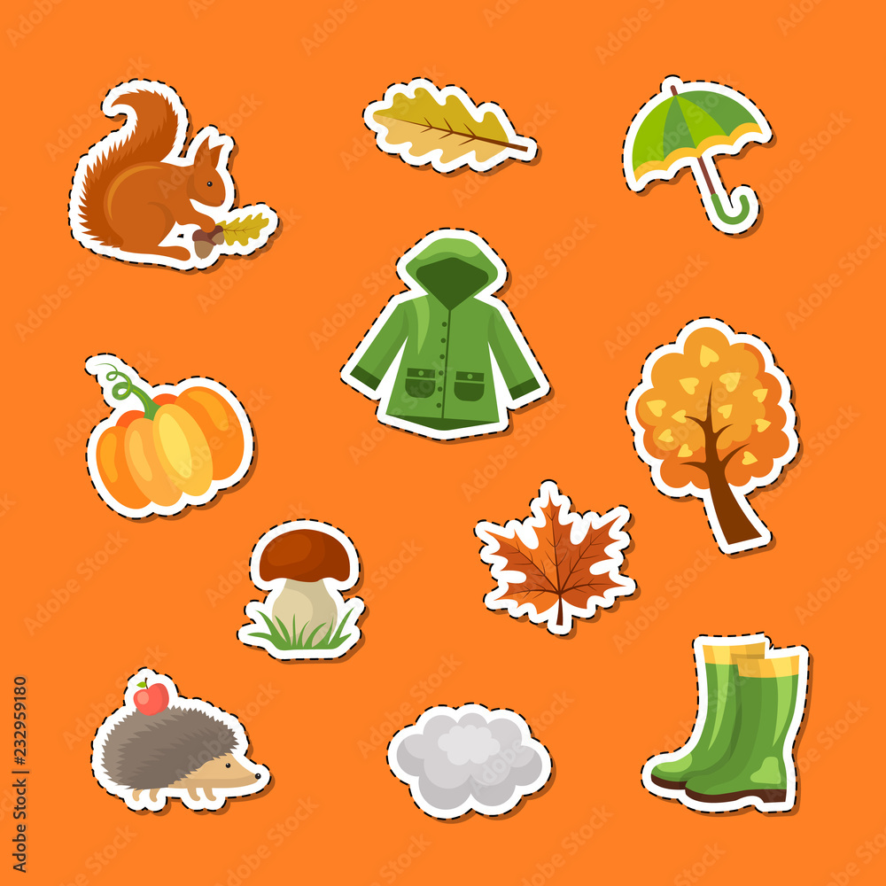 Sticker Vector cartoon autumn elements and leaves stickers set illustration. Autumn collection icon sticker maple and cloud