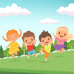 Obraz na płótnie Canvas Party jummping characters. Cute happy childrens jump and playing at playground or urban park vector cartoon characters isolated. Boy and girl, cartoon childhood illustration
