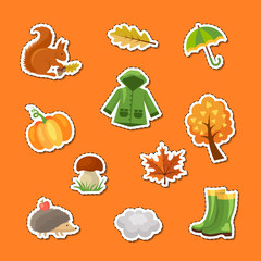 Vector cartoon autumn elements and leaves stickers set illustration. Autumn collection icon sticker maple and cloud