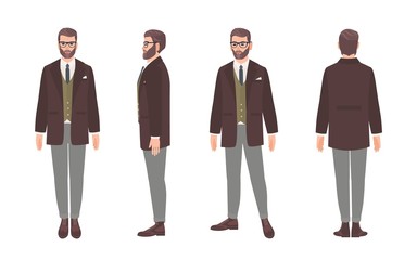 Obraz premium Bearded man dressed in elegant formal office clothes or business suit. Male cartoon character isolated on white background. Front, side and back views. Colorful vector illustration in flat style.