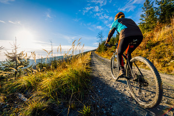 Cycling woman riding on bike in autumn mountains forest landscape. Woman cycling MTB flow trail...