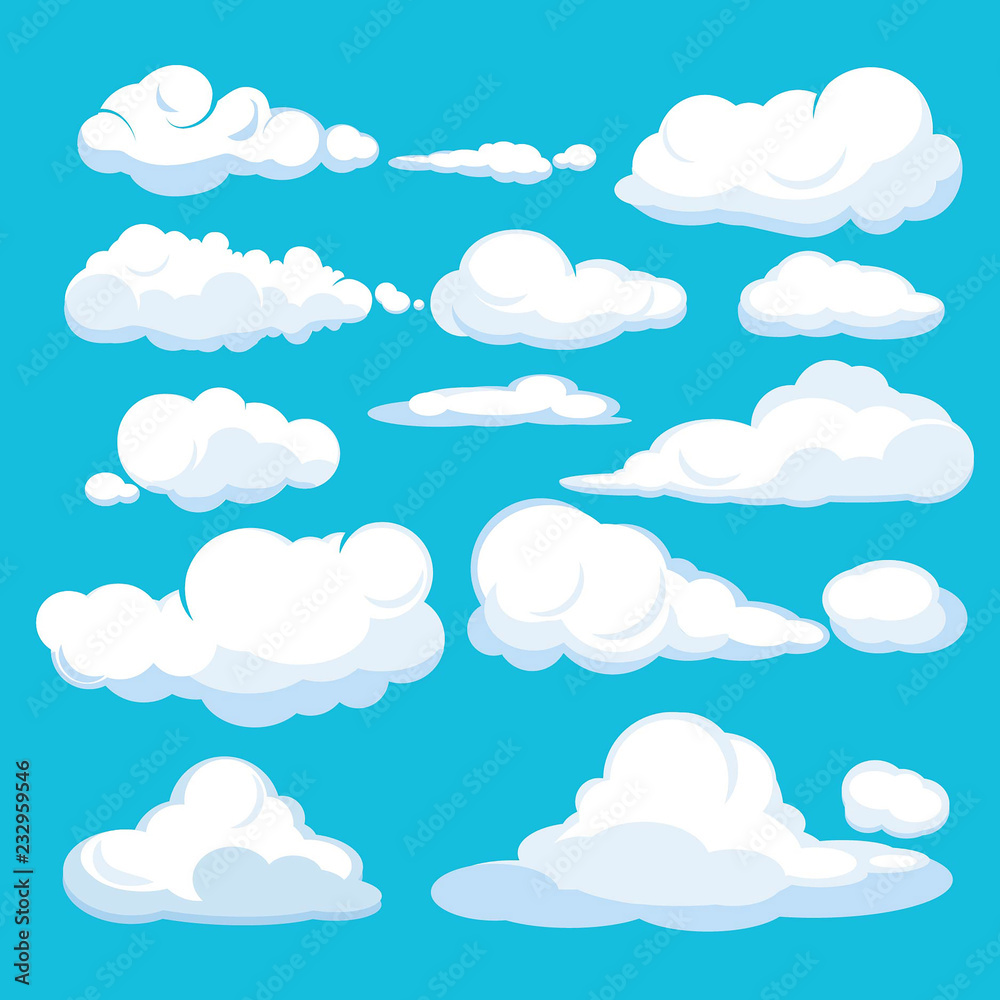 Wall mural cartoon clouds. blue sky aerial cloudscape blue clouds different forms and shapes vector illustratio