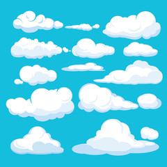Cartoon clouds. Blue sky aerial cloudscape blue clouds different forms and shapes vector illustrations. White cloud fluffy in air sky, different cloudscape soar