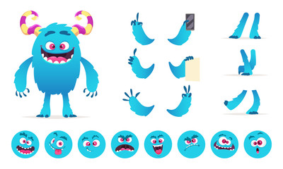 Monster constructor. Eyes mouth emotions parts of cute funny creatures for games vector design creation kit for kids hallowen party. Illustration of monster halloween body, funny creation character