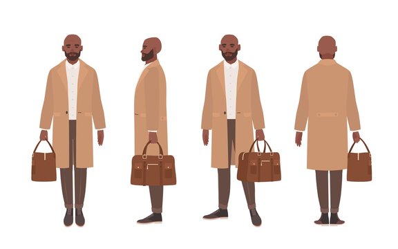 African American bald man dressed in elegant trench coat or outerwear. Male cartoon character isolated on white background. Front, side and back views. Set of outfits. Flat vector illustration.