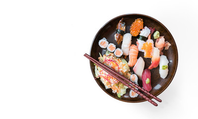 Lunch with sushi dish isolated on white background