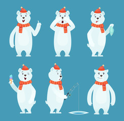 Polar bear cartoon. Ice snow white funny wild animal in different poses vector characters. White bear and winter polar animal illustration