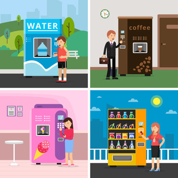 Vending machines food. People buying various snacks drink coffee crackers and crisp from automat vector concept pictures. Illustration of vending machine with snack and drink