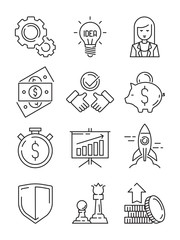 Finance line icons. Business symbols team strategy and economic support web startup vector outline. Illustration of financial strategy and tactic, profit and saving cash