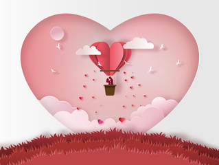 Cute couples in love hugging, staring at each other's eyes and standing inside a basket of an air balloon, many heart floating in the air, paper art style, flat-style vector illustration.