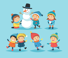 Winter children set with different kids playing outdoor, making snowman, ice skating. Vector illustration in flat style