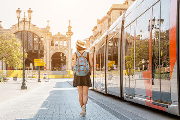 Woman passenger at the Tram Public transport in Saragossa