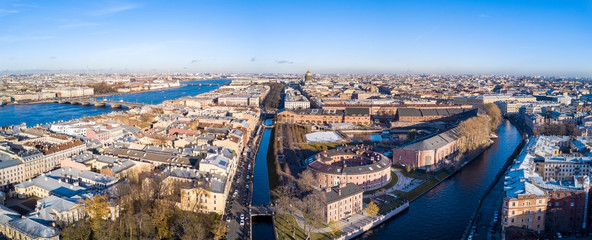 Aerial; drone panoramic view of Saint Petersburg cityscape; historical architecture, old building...