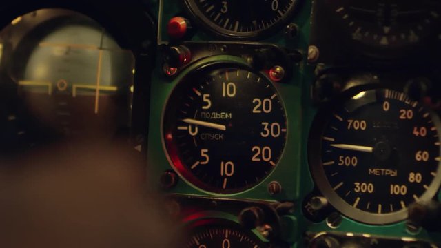 Close up shot of altitude, altimeter and vertical speed indicators in flight panel on airplane
