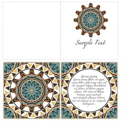 Vintage Invitation card with Mandala pattern. The front and rear side. Beautiful Ornament. Vector illustration.