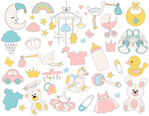Set of cute baby objects toys and clothes. Editable vector illustration