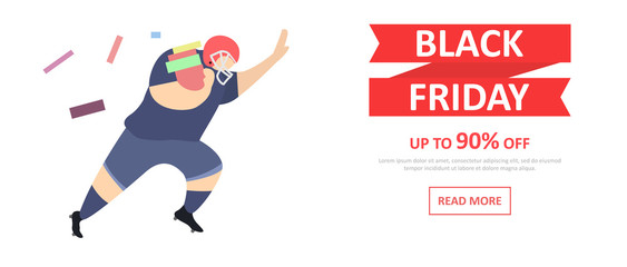 Black Friday sale banner. An American football player is attacking with boxes.