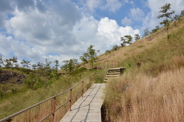 Fototapeta na wymiar bamboo stairs up to khao Lon mountain Travel location in Thailand