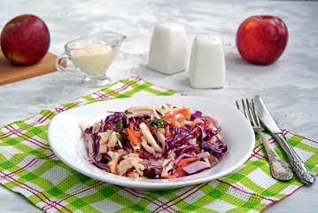 Coleslaw of red and white cabbage, carrots and apples in a white plate. Served with dressing of mayonnaise, sour cream and apple juice. Healthy food.