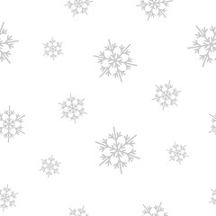 Winter seamless pattern with flat silver grey snowflakes on white background. New Year backdrop.