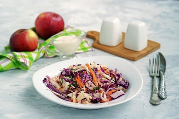 Coleslaw of red and white cabbage, carrots and apples in a white plate. Served with dressing of mayonnaise, sour cream and apple juice. Healthy food.