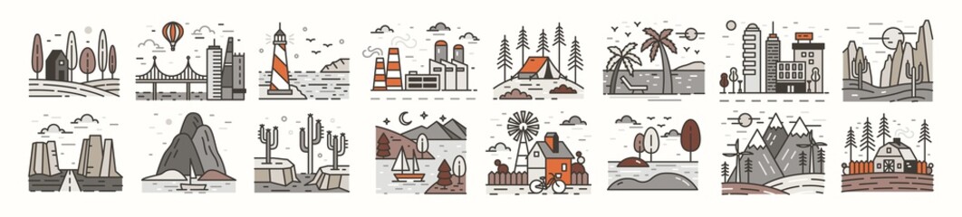 Bundle of landscape icons or symbols. Set of beautiful natural sceneries - beach, forest camp, countryside, desert, city, industrial area. Colorful vector illustration in modern line art style.
