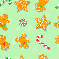 Seamless pattern with gingerbread and candies