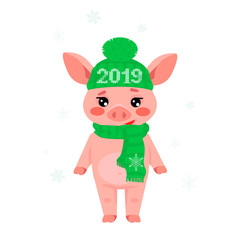 cute little pig in hat and scarf