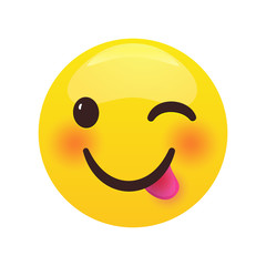 Fototapeta premium Yummy emoticon with happy smile, pink cheeks and tongue. Delicious cartoon character sign isolated on white background. Vector illustration.