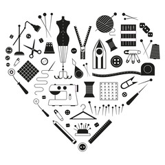 Tailoring and dressmaking equipment, handcraft supplies icon set for tailor shop. Love sewing craft card stylized in heart shape.