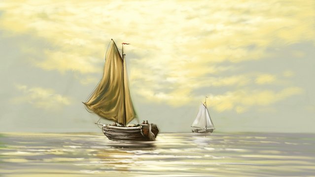 Digital oil paintings sea landscape. Fisherman, ships, boats. Fine art.