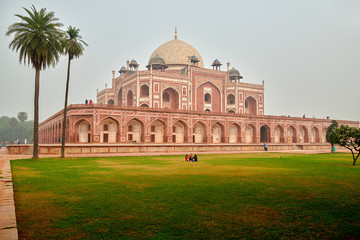 Humayun's Tomb monument with palms on the left in New Delhi, India