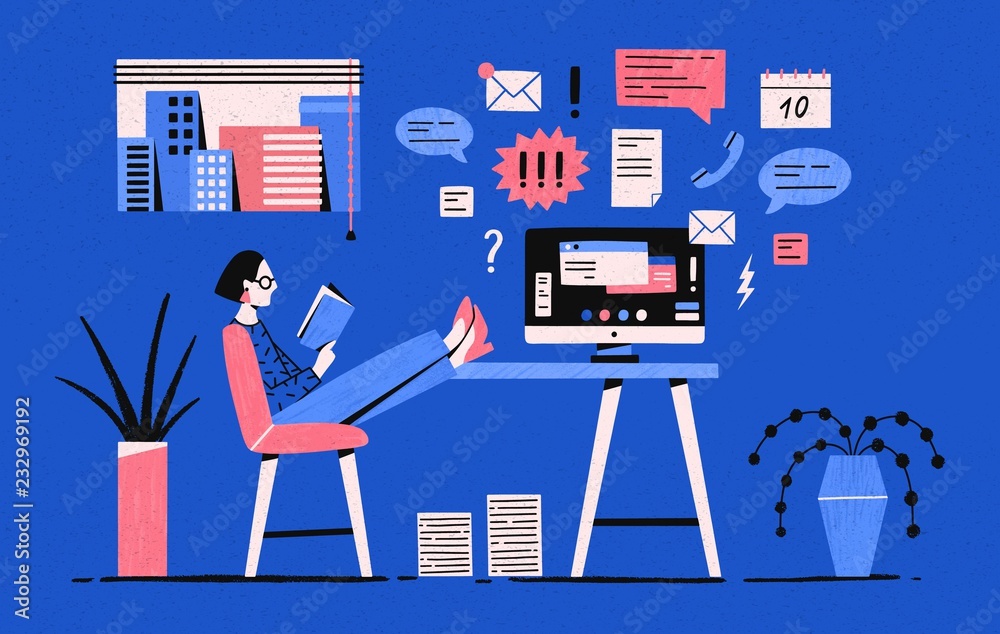 Poster Girl sitting with her legs on desk with computer and reading book instead of working under tasks. Procrastinating woman, procrastination of office worker. Vector illustration in flat cartoon style.