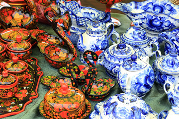 Fototapeta na wymiar utensils painted in the style of Gzhel and Khokhloma