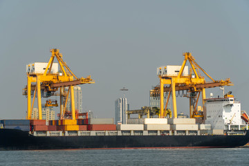 Container ship with crane bridge, working for export and import business in the sea.
