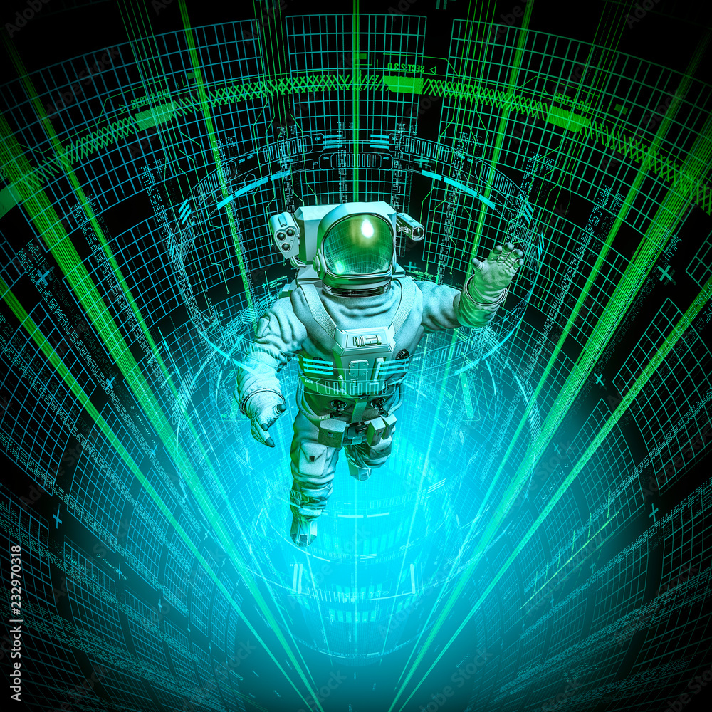 Wall mural virtual data core astronaut / 3d illustration of astronaut in space suit floating up through glowing